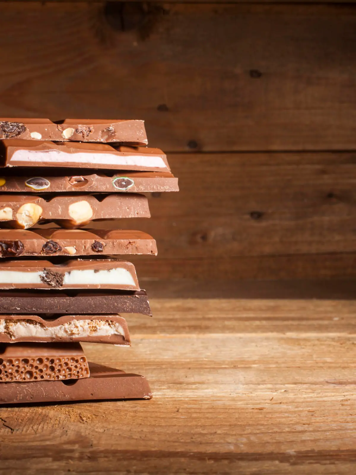 Chocolate blocks stack with different kind of chocolate on wooden background 
