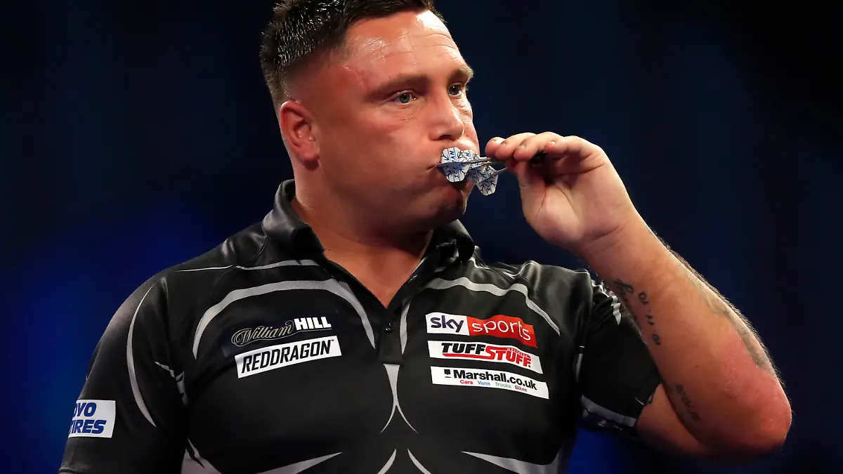 LONDON, ENGLAND - DECEMBER 29: Gerwyn Price of Wales reacts to the win during his Fourth Round Match against Dirk van Duijvenbode of Netherlands during Day Twelve of The William Hill World Darts Championship at Alexandra Palace on December 29, 2021 in London, England. (Photo by Luke Walker/Getty Images)