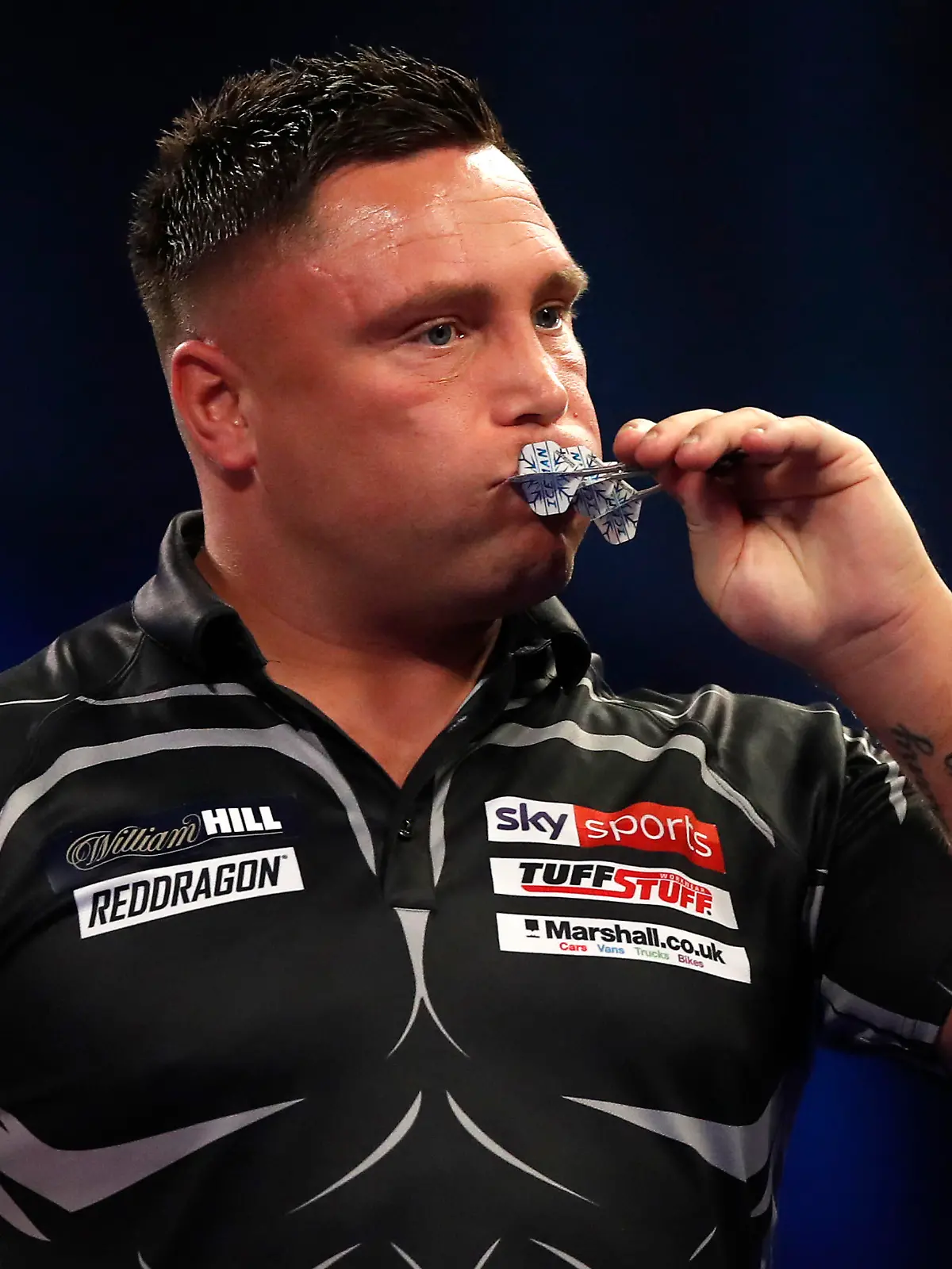 LONDON, ENGLAND - DECEMBER 29: Gerwyn Price of Wales reacts to the win during his Fourth Round Match against Dirk van Duijvenbode of Netherlands during Day Twelve of The William Hill World Darts Championship at Alexandra Palace on December 29, 2021 in London, England. (Photo by Luke Walker/Getty Images)