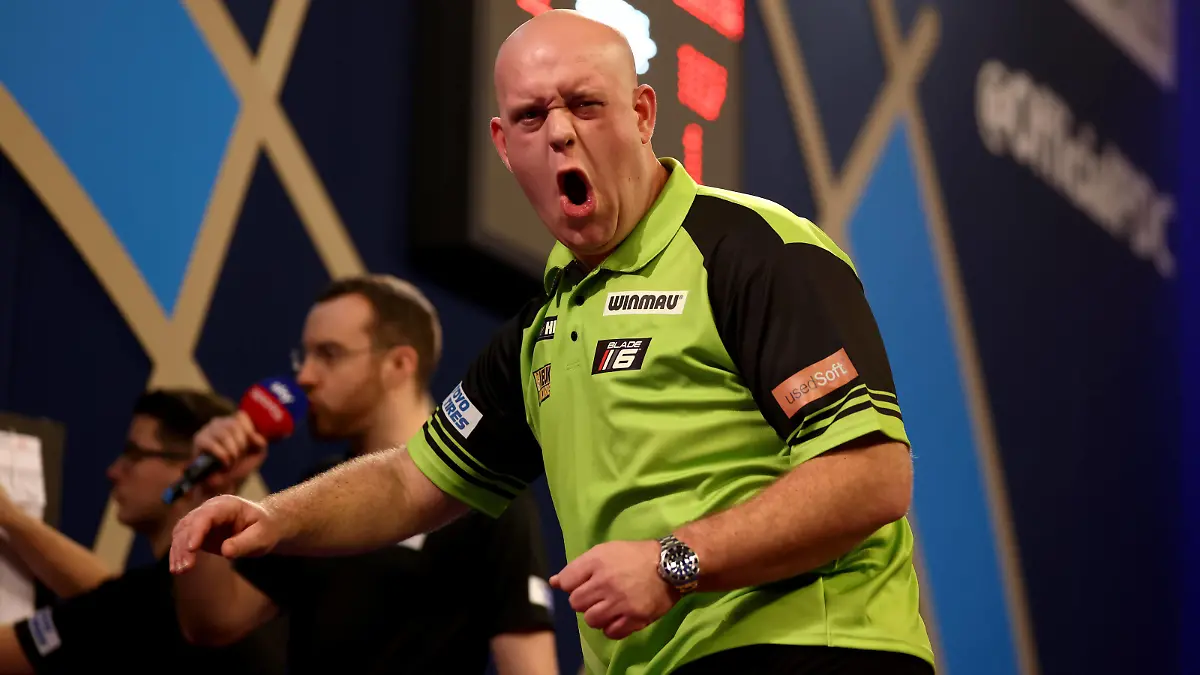 Sport Bilder des Tages 18th December 2021 Alexandra Palace, London, England: The William Hill World Darts Tournament Michael van Gerwen celebrates a 180 against Chas Barstow PUBLICATIONxNOTxINxUK ActionPlus12349549 ShaunxBrooks