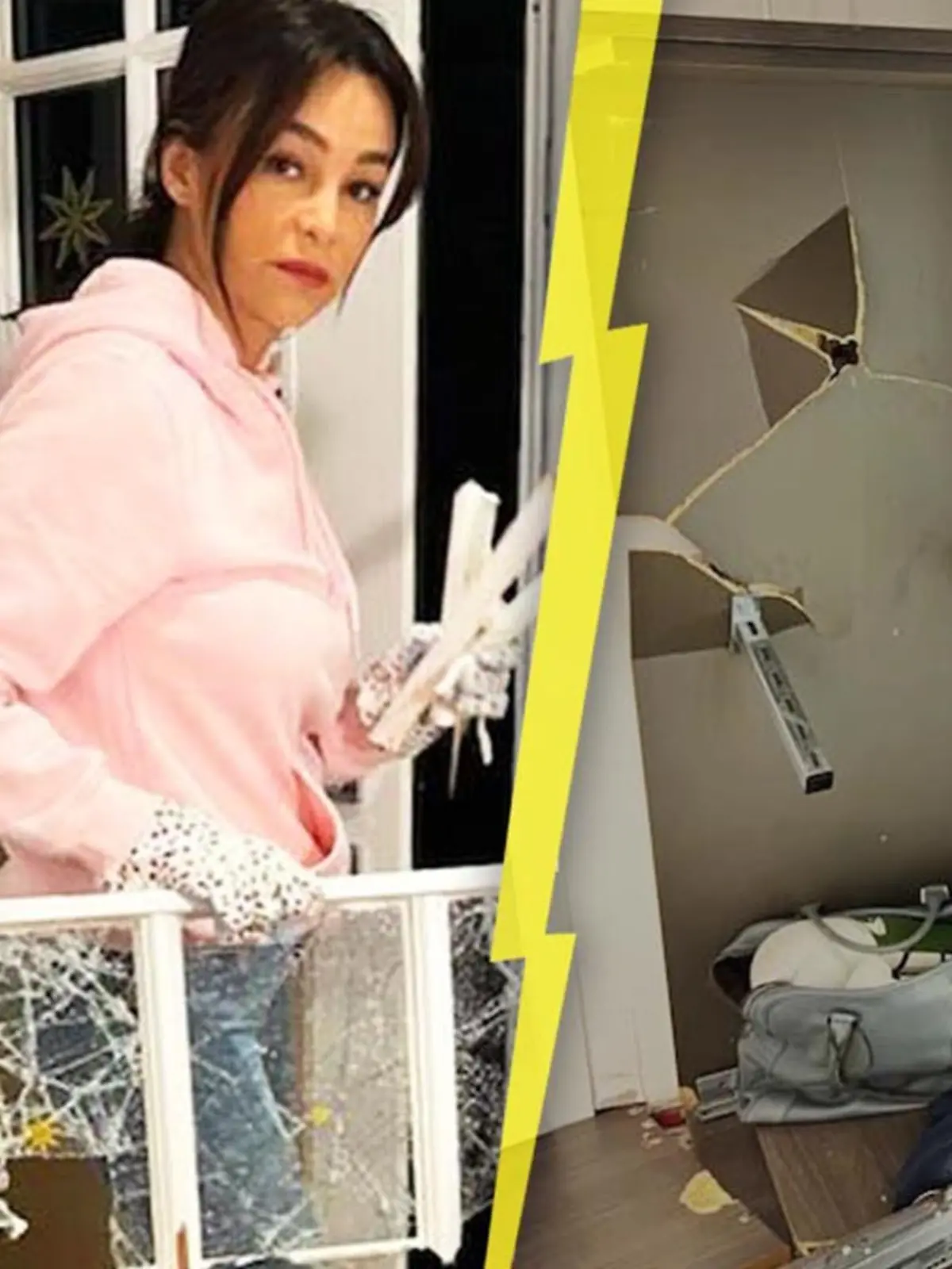 Verona Pooth steht mit einem Fensterrahmen in der Hand.
