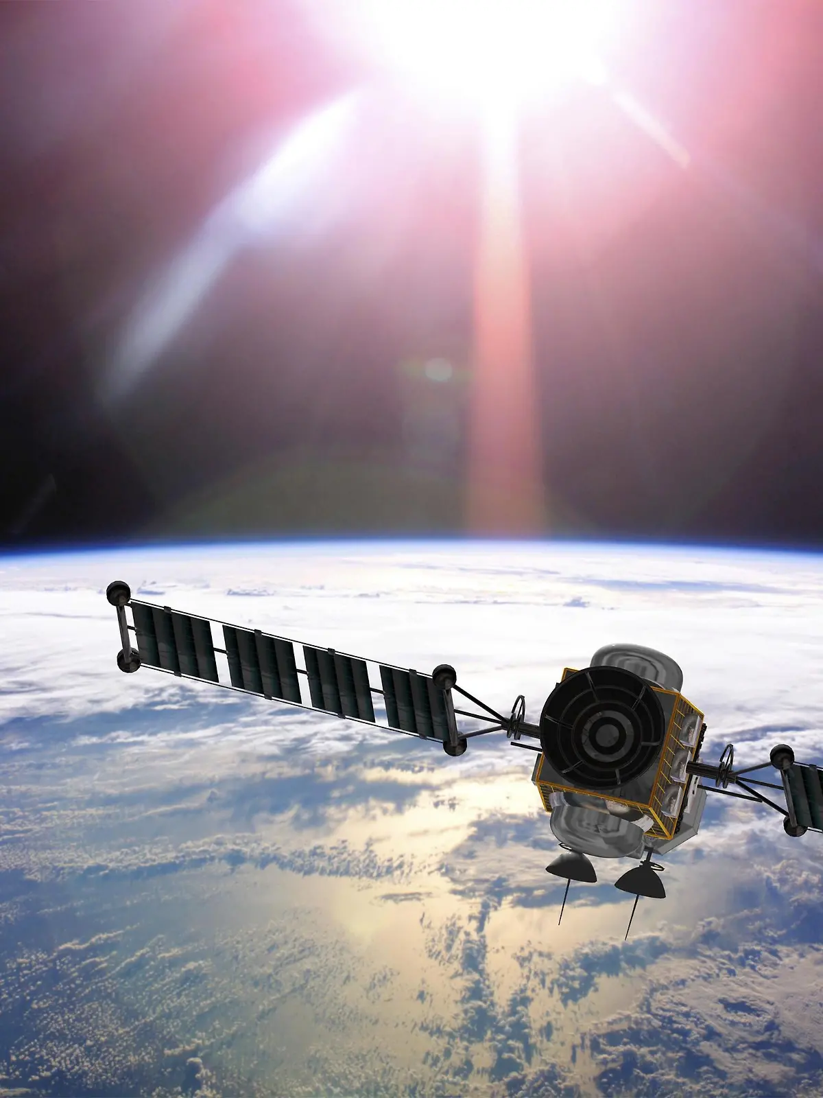 Geostationärer Orbitsatellit über der Erde, 3D-Darstellung | Verwendung weltweit, Keine Weitergabe an Wiederverkäufer.