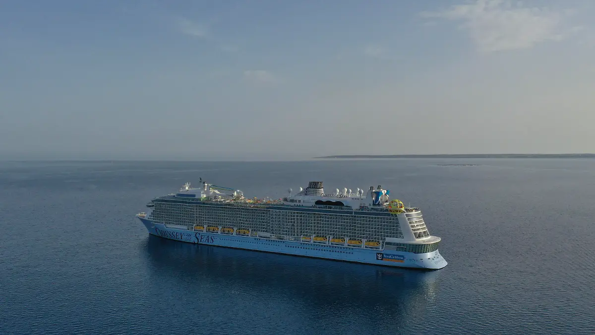 The cruise ship Odyssey of the Seas moored near the Mediterranean port of Limassol. Cyprus, Saturday, May 8, 2021. (Photo by Danil Shamkin/NurPhoto)