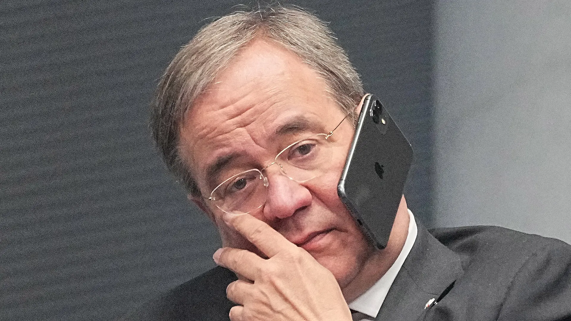 26 October 2021, Berlin: Armin Laschet, federal chairman of the CDU, talks on the phone during the constituent session of the new Bundestag. Photo by Michael Kappeler/DPA/ABACAPRESS.COM
