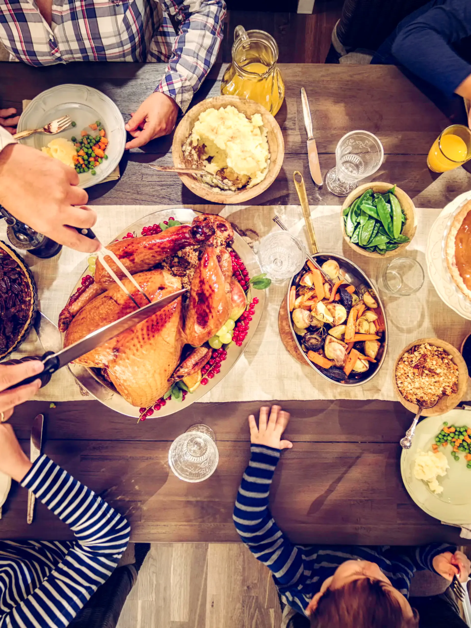 Family having traditional holiday dinner with stuffed turkey, mashed potatoes, cranberry sauce, vegetables pumpkin and pecan pie.