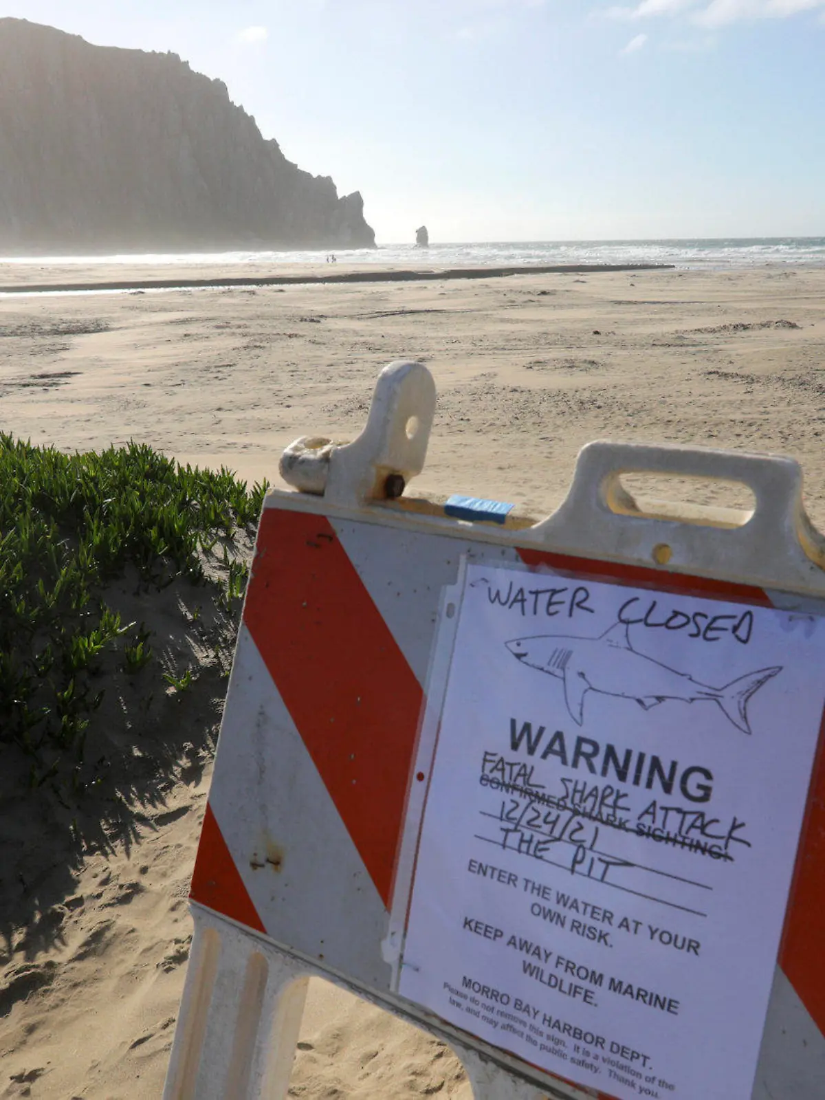 24.12.2021, USA, Morro Bay: Ein Schild auf einem Parkplatz kündigt eine Strandsperrung an in Morro Bay, Kalifornien. Ein Surfer wurde an Heiligabend vor der kalifornischen Küste bei einem Haiangriff getötet, wie die Behörden mitteilten. Foto: David Middlecamp/The Tribune (of San Luis Obispo) via AP/dpa - ACHTUNG: Nur zur redaktionellen Verwendung und nur mit vollständiger Nennung des vorstehenden Credits +++ dpa-Bildfunk +++