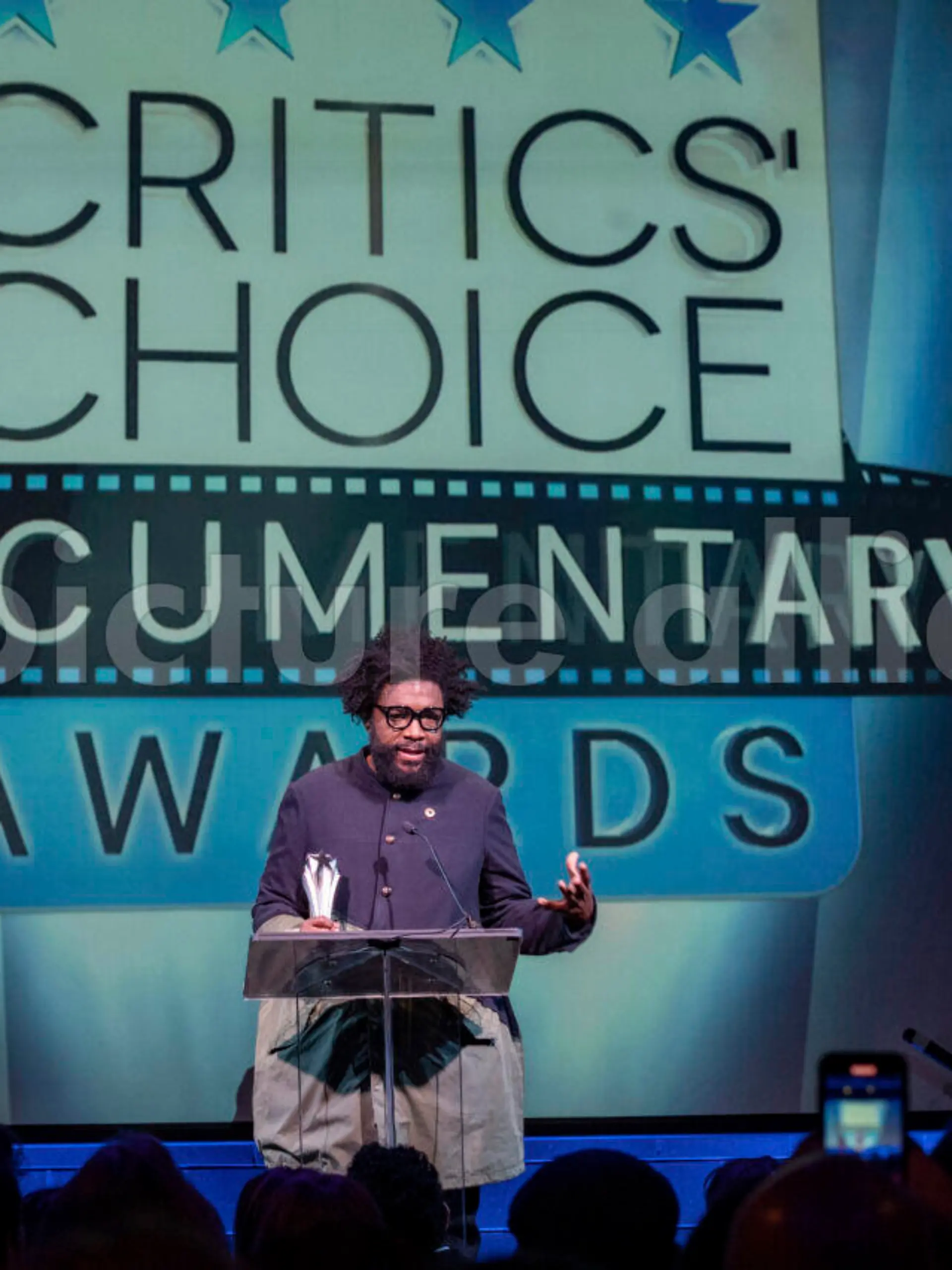Ahmir "Questlove" Thompson, first-time documentarian of Summer of Soul (…Or, When the Revolution Could Not Be Televised), celebrates the film's six awards, including Best Documentary Feature, Best Director, Best First Documentary Feature, Best Editing, Best Archival Documentary and Best Music Documentary, at the Sixth Annual Critics Choice Documentary Awards, Sunday, Nov. 14, 2021, in Brooklyn, NY. Questlove said, "Hands down, this is the best night of my life" at the gala event. (Photo by Diane Bondareff/Invision for Critics Choice Documentary Awards/AP Images)