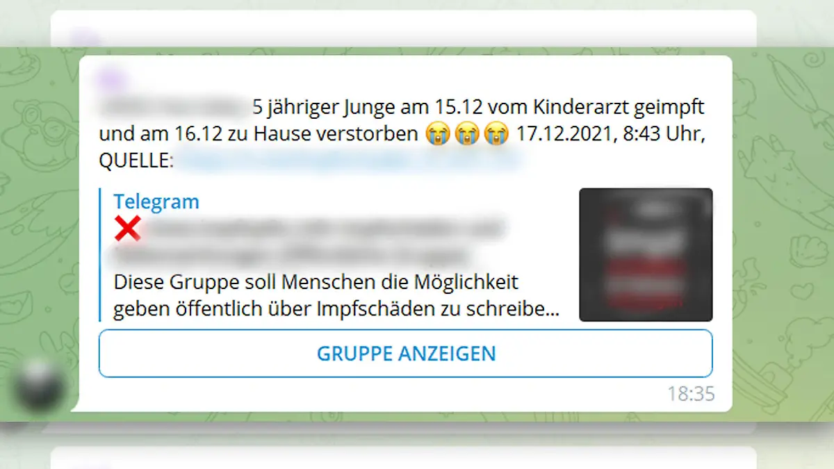 Diese Meldung wurde in einer Telegram-Gruppe verbreitet.