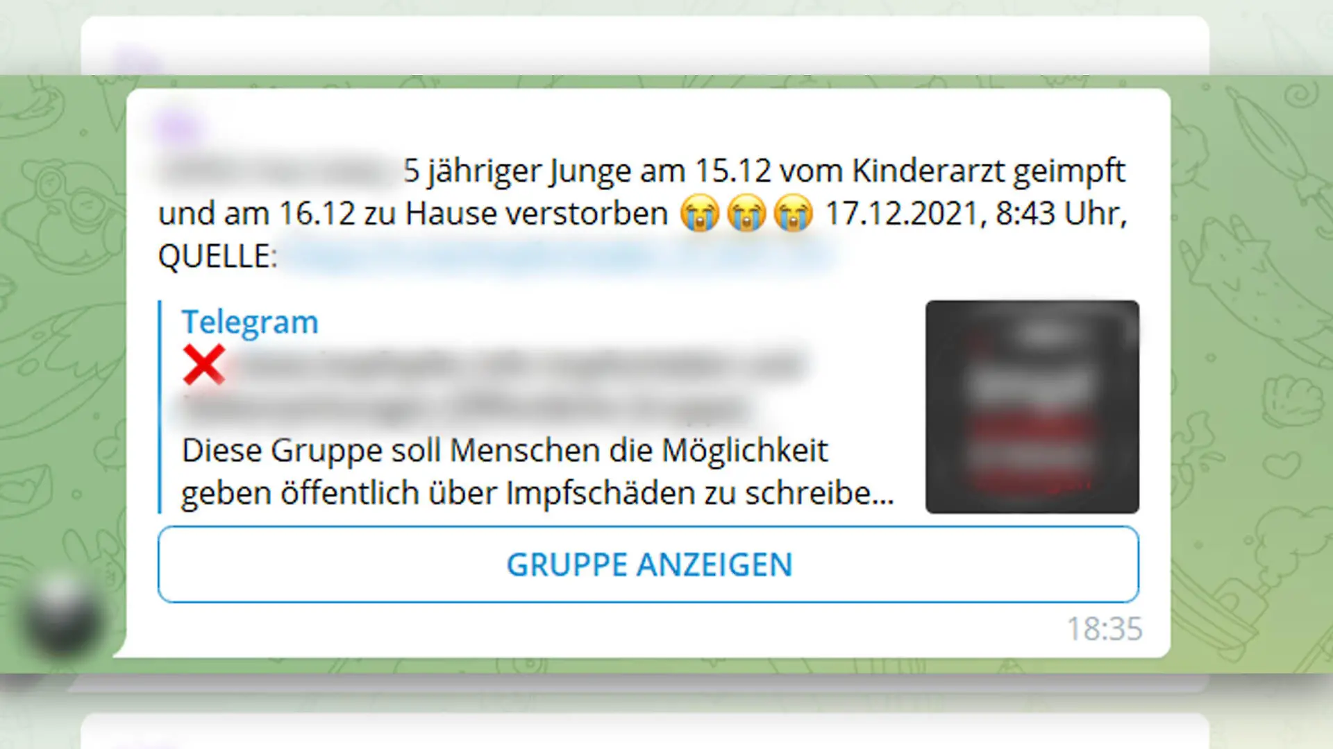 Diese Meldung wurde in einer Telegram-Gruppe verbreitet.