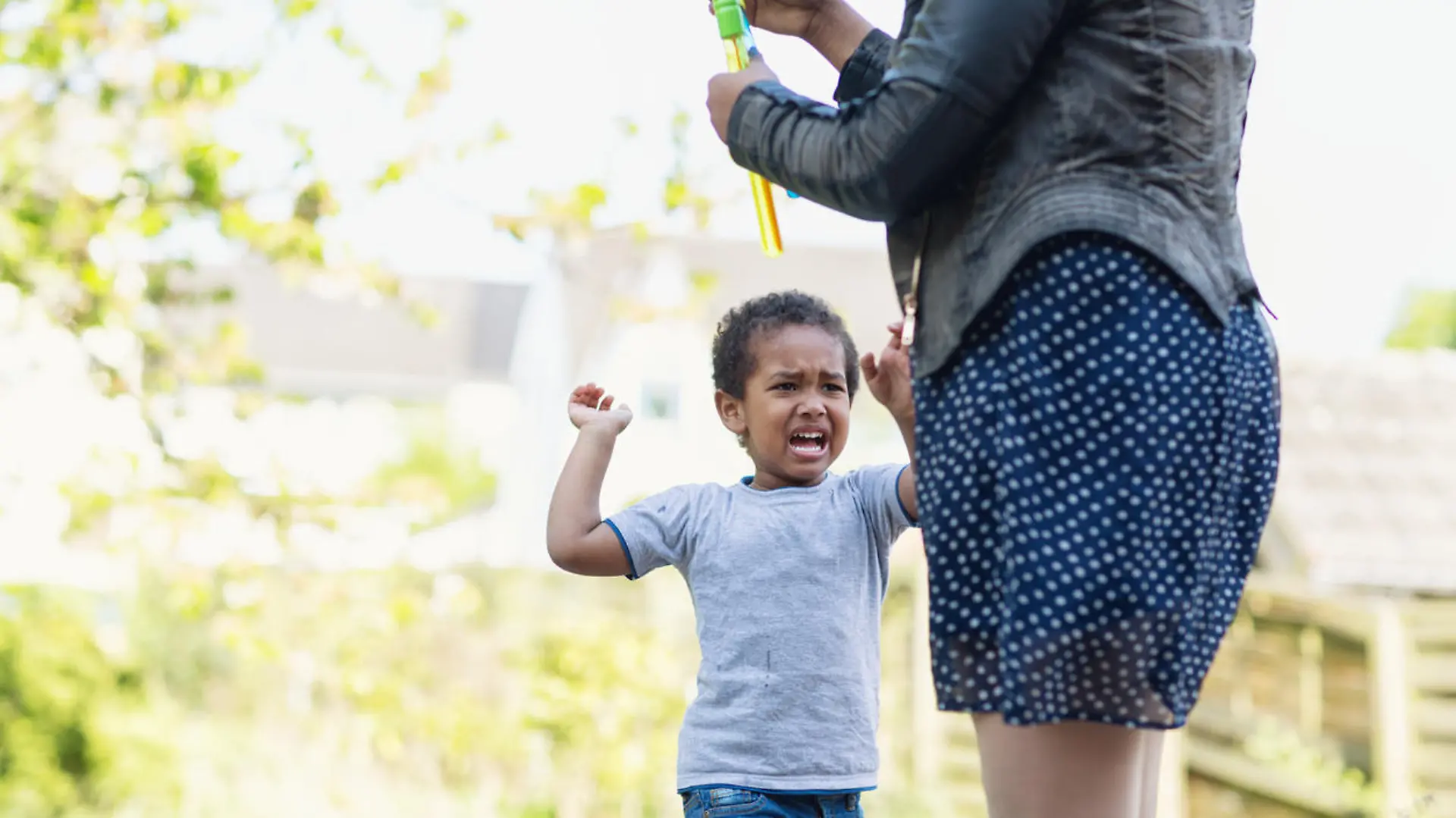 afro american toddler boy, 3 years old, screaming ad crying, diappointed about something his mother will not do. Mother is there too, but focus is on the boy. They are outdoors in backyard, it is summer