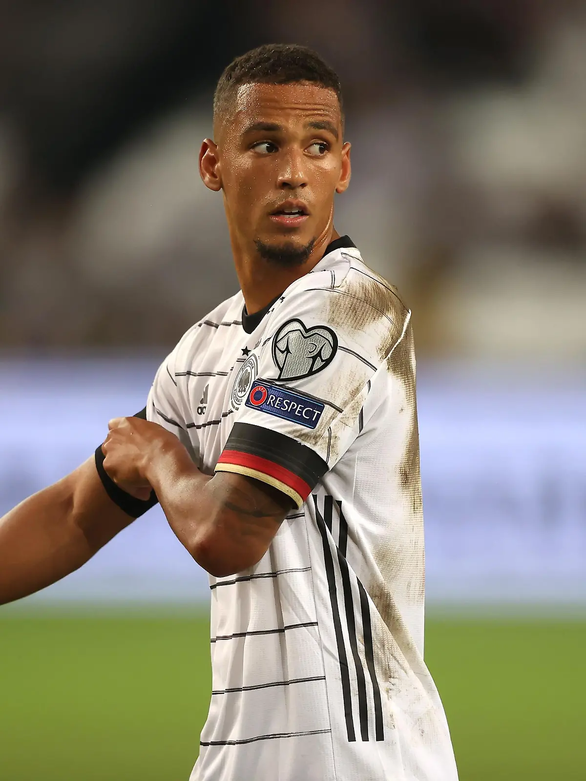 STUTTGART, GERMANY - SEPTEMBER 05: Thilo Kehrer of Germany looks on during the 2022 FIFA World Cup Qualifier match between Germany and Armenia at Mercedes-Benz Arena on September 05, 2021 in Stuttgart, Germany. (Photo by Alexander Hassenstein/Getty Images)
