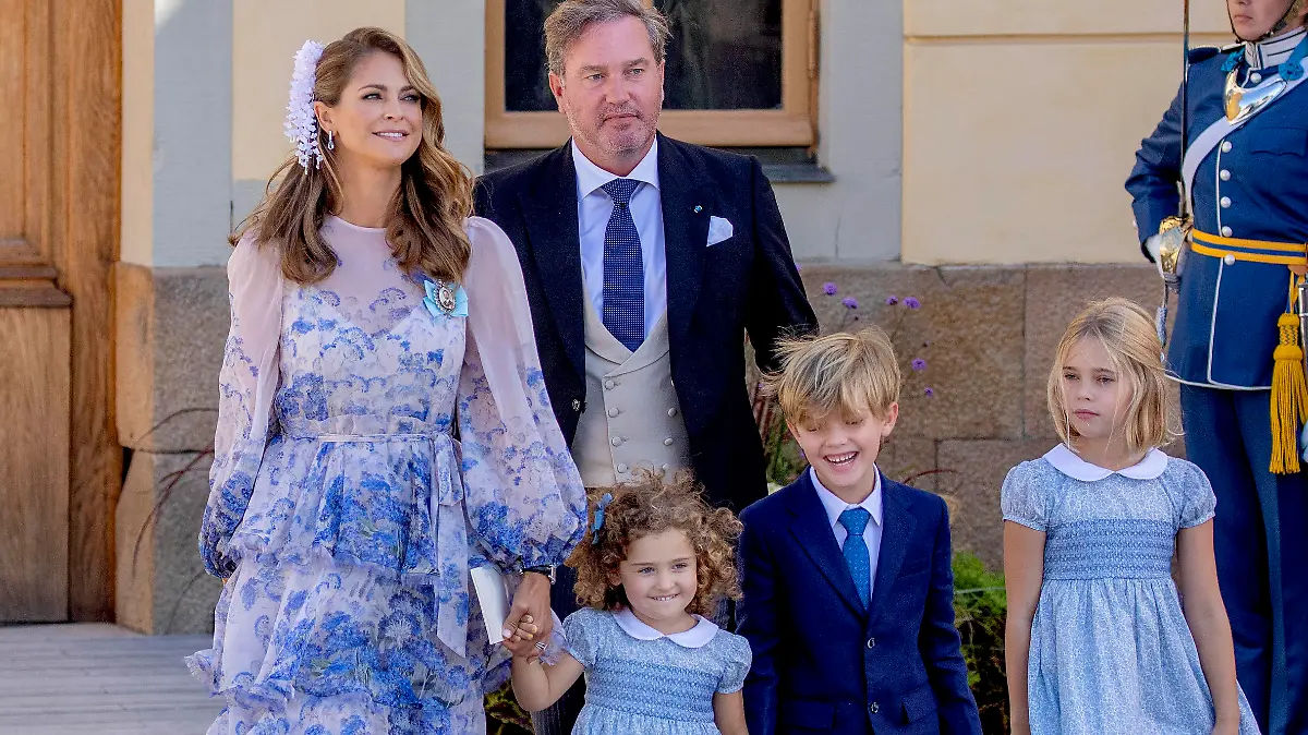 Princess Madeleine and Christopher O'Neill, Princess Leonore, Prince Nicolas and Princess Adrienne of Sweden leave at the chapel of Drottningholm Palace in Stockholm, on August 14, 2021, after the baptism of Prince Julian Herbert Folke, born on 26-03-2021 Photo: Albert Nieboer / Netherlands OUT / Point de Vue OUT