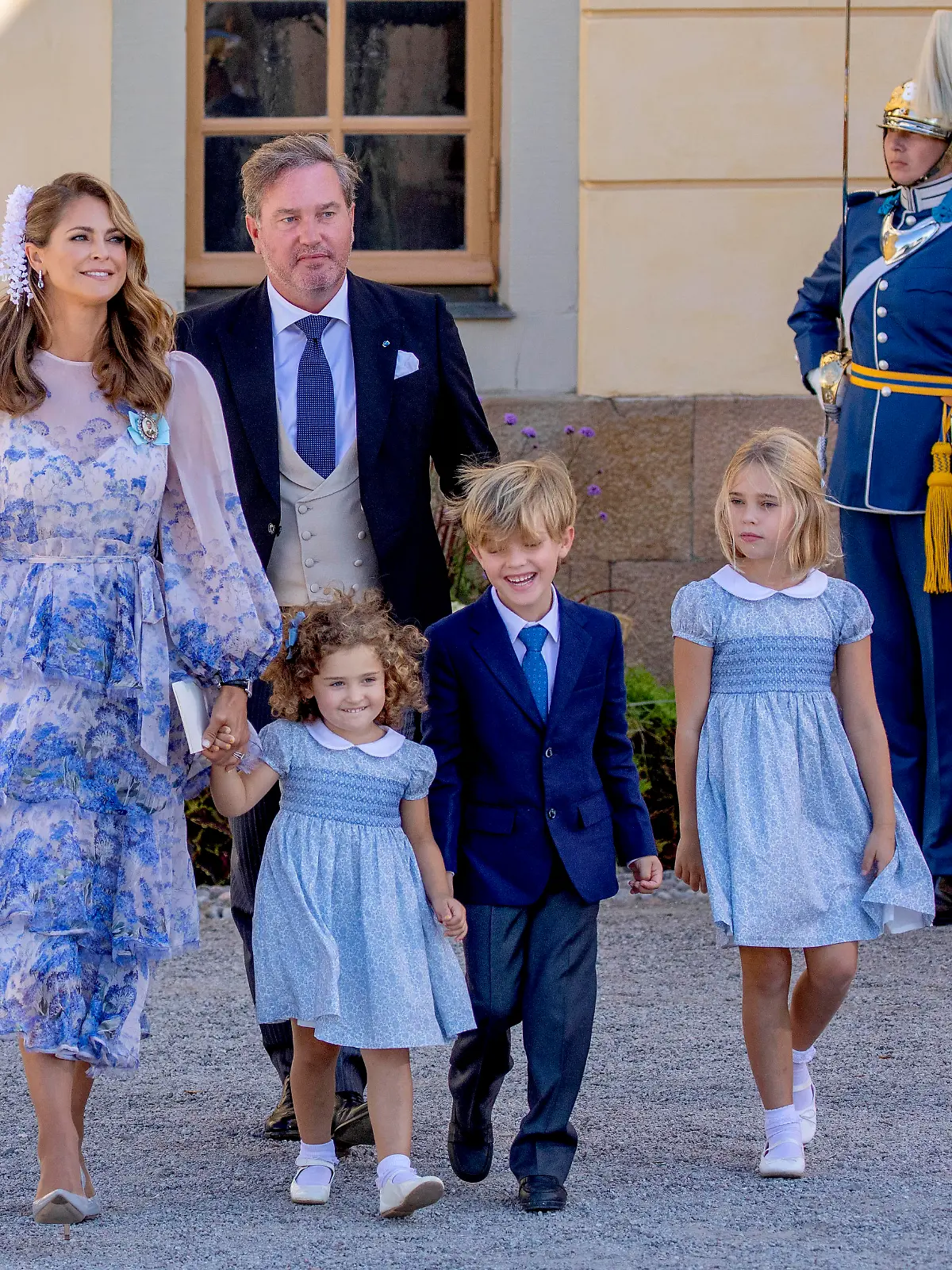 Princess Madeleine and Christopher O'Neill, Princess Leonore, Prince Nicolas and Princess Adrienne of Sweden leave at the chapel of Drottningholm Palace in Stockholm, on August 14, 2021, after the baptism of Prince Julian Herbert Folke, born on 26-03-2021 Photo: Albert Nieboer / Netherlands OUT / Point de Vue OUT