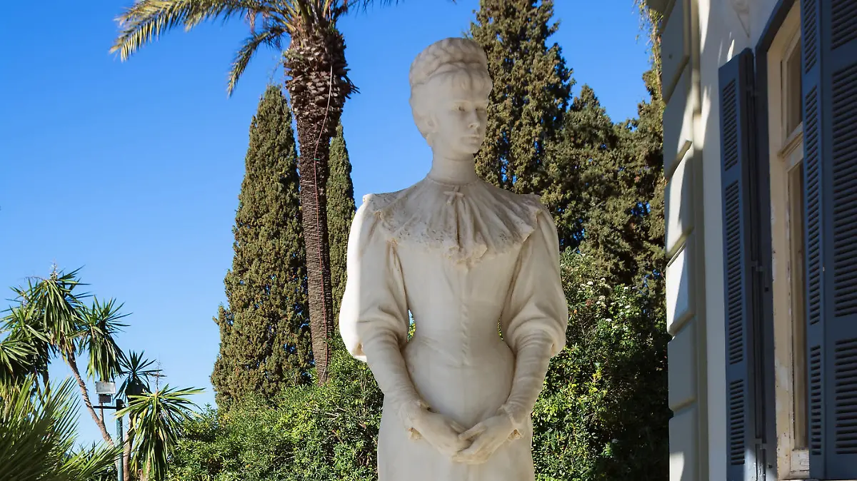 CORFU, GREECE - MARCH 4, 2017: Achilleion palace in Corfu Island, Greece. Statue of Empress of Austria Elisabeth of Bavaria, also known as Sisi.