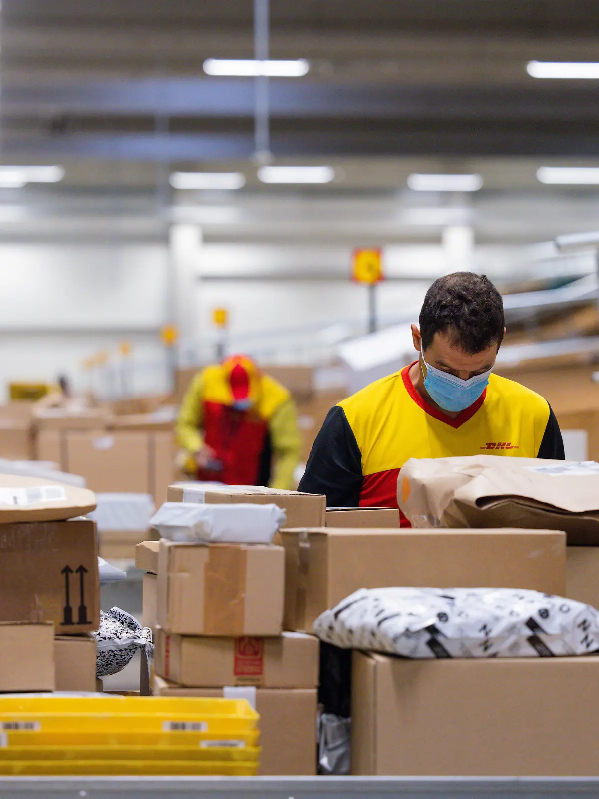 Paketzusteller sortieren und räumen in einer Zustellbasis von Deutsche Post DHL Pakete in ein Zustellfahrzeug.