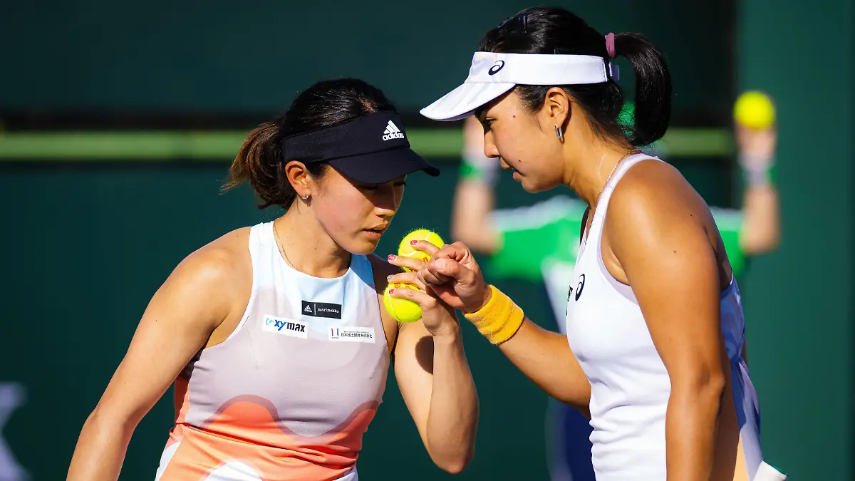 Miyu Kato of Japan & Aldila Sutjiadi of Indonesia in action during the second doubles round of the 2023 BNP Paribas Open, WTA 1000 tennis tournament on March 13, 2023 in Indian Wells, USA - Photo Rob Prange / Spain DPPI / DPPI