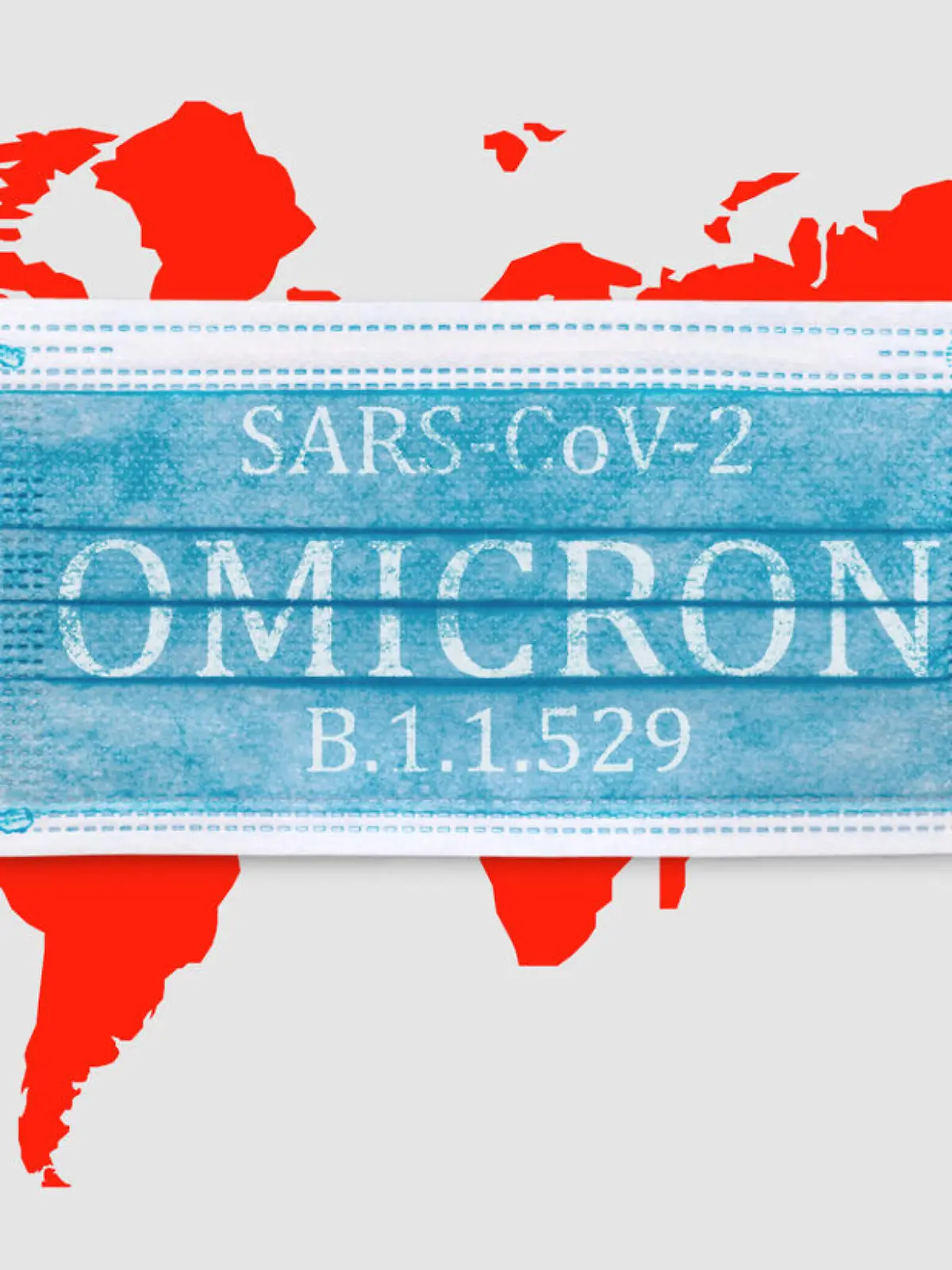 Face masks with inscriptions SARS COV 2 Omicron. Covid 19 alpha, beta, gamma, delta, lambda, mu, omicron variants outbreak around the world.