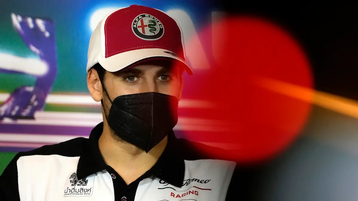 JEDDAH, SAUDI ARABIA - DECEMBER 02: Antonio Giovinazzi of Italy and Alfa Romeo Racing talks in the Drivers Press Conference during previews ahead of the F1 Grand Prix of Saudi Arabia at Jeddah Corniche Circuit on December 02, 2021 in Jeddah, Saudi Arabia. (Photo by Hassan Ammar - Pool/Getty Images)
