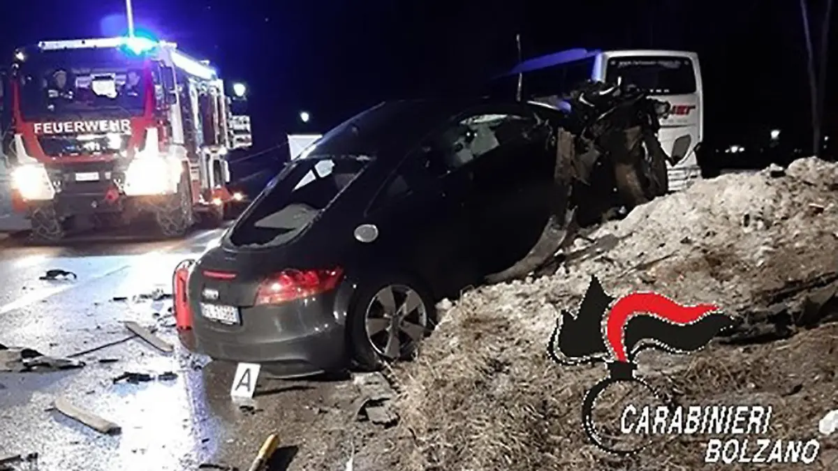 HANDOUT - 05.01.2020, Italien, Luttach: Das von den Carabinieri Bozen herausgegebene Foto zeigt den Unfallwagen, der auf eine Mauer aufgefahren ist. Betrunken und vermutlich zu schnell - so fuhr ein Südtiroler am Sonntag (05.01.2020) in eine Gruppe junger deutscher Touristen. Am Tag danach starb ein siebtes Opfer im Krankenhaus. (bestmögliche Qualität) Foto: -/Carabinieri Bozen/dpa - ACHTUNG: Nur zur redaktionellen Verwendung im Zusammenhang mit der aktuellen Berichterstattung und nur mit vollständiger Nennung des vorstehenden Credits +++ dpa-Bildfunk +++