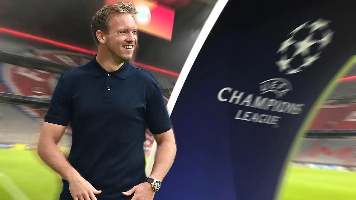 FOTOMONTAGE,Themenbild: Auslosung zur Champions League Auslosung am 26.08.2021 Trainer Julian NAGELSMANN (Bayern Muenchen) Fussball Champions League, A L L I A N Z A R E N A. Leeres Stadion, Eckfahne mit Vereinswappen,Vereinsemblem. Geisterspiel,Spielabsage. DFL REGULATIONS PROHIBIT ANY USE OF PHOTOGRAPHS AS IMAGE SEQUENCES AND/OR QUASI-VIDEO. Â