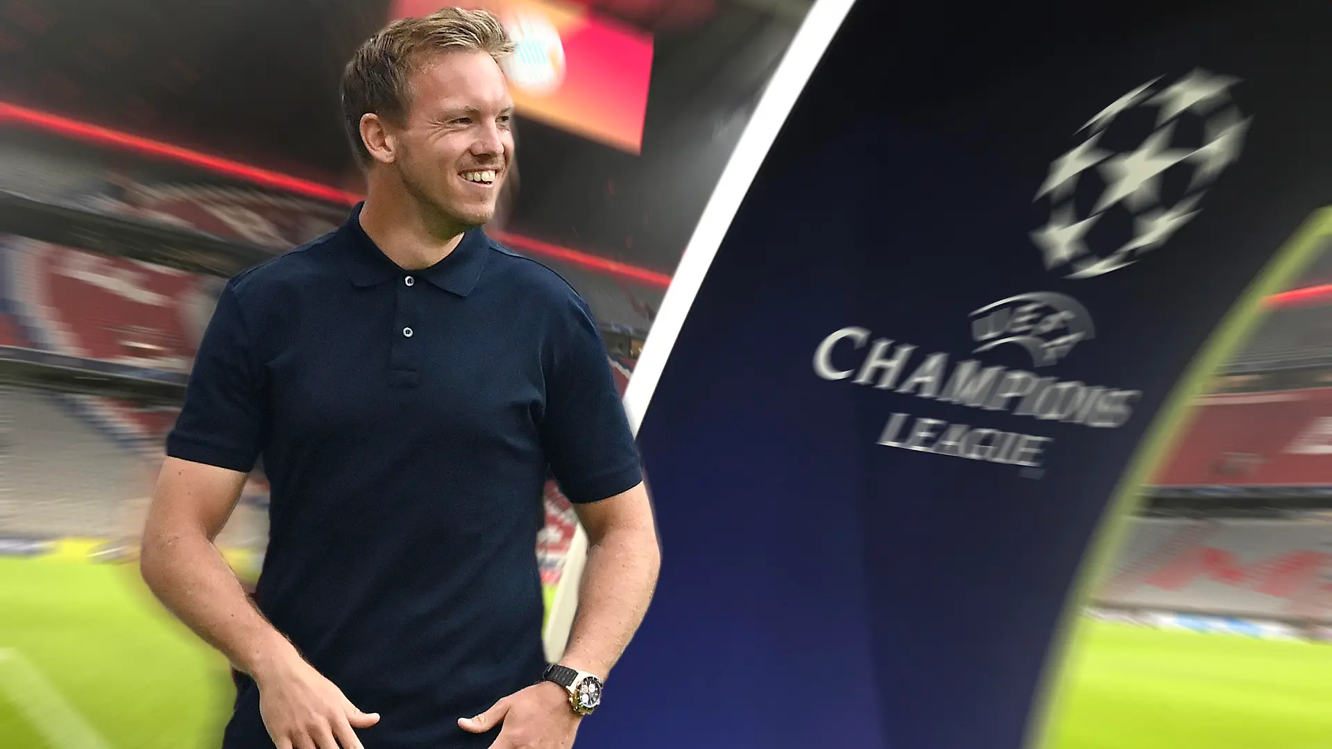 FOTOMONTAGE,Themenbild: Auslosung zur Champions League Auslosung am 26.08.2021 Trainer Julian NAGELSMANN (Bayern Muenchen) Fussball Champions League, A L L I A N Z A R E N A. Leeres Stadion, Eckfahne mit Vereinswappen,Vereinsemblem. Geisterspiel,Spielabsage. DFL REGULATIONS PROHIBIT ANY USE OF PHOTOGRAPHS AS IMAGE SEQUENCES AND/OR QUASI-VIDEO. Â