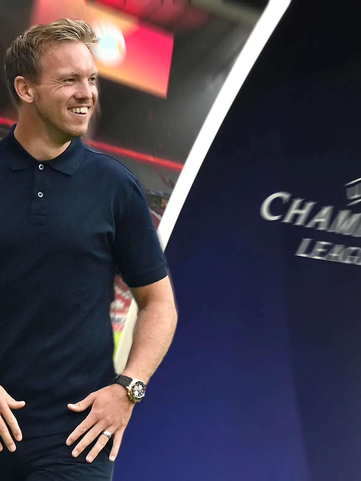 FOTOMONTAGE,Themenbild: Auslosung zur Champions League Auslosung am 26.08.2021 Trainer Julian NAGELSMANN (Bayern Muenchen) Fussball Champions League, A L L I A N Z A R E N A. Leeres Stadion, Eckfahne mit Vereinswappen,Vereinsemblem. Geisterspiel,Spielabsage. DFL REGULATIONS PROHIBIT ANY USE OF PHOTOGRAPHS AS IMAGE SEQUENCES AND/OR QUASI-VIDEO. Â
