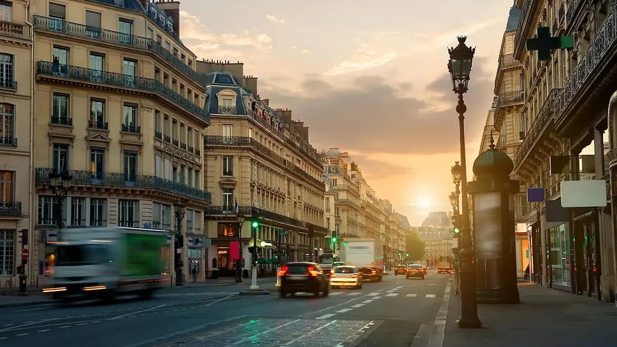 Wide street with road and beautiful architecture in Paris at sunrise, France