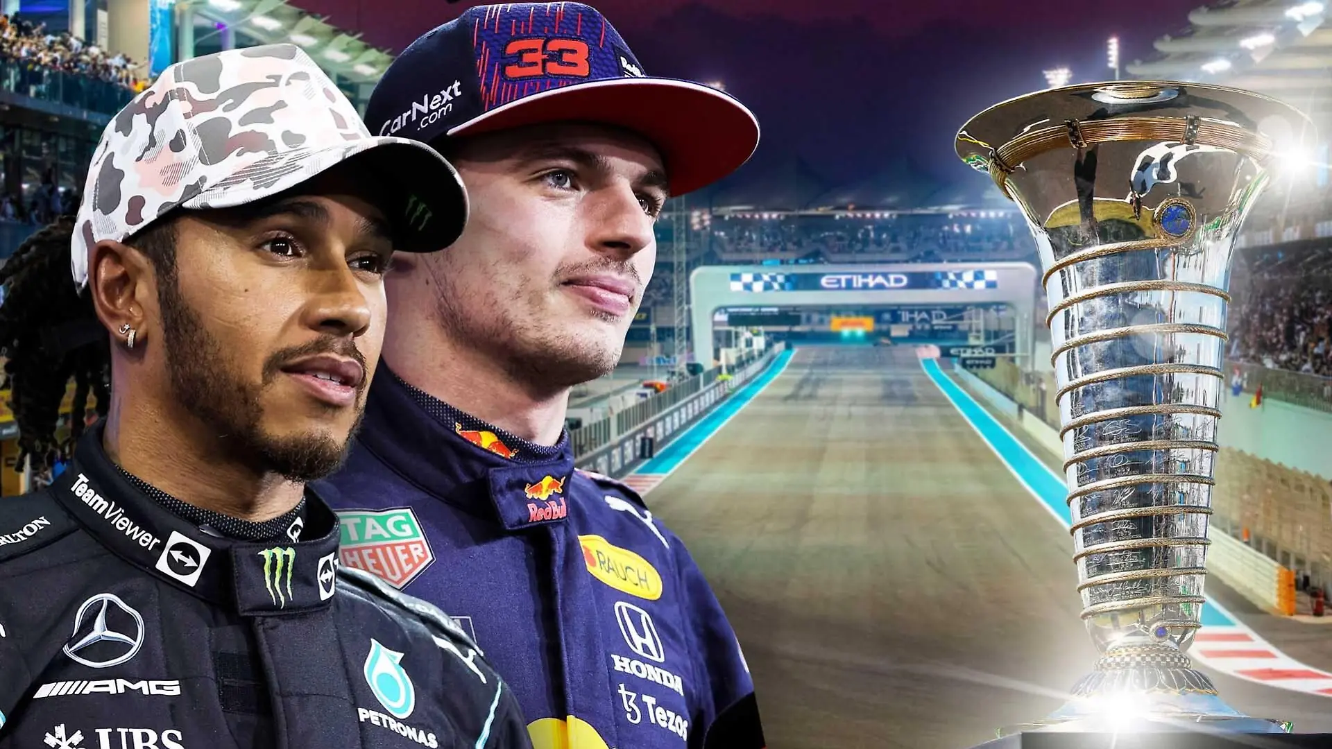Bildkombi Lewis Hamilton und Max Verstappen vor der Zielgeraden in Abu-Dhabi