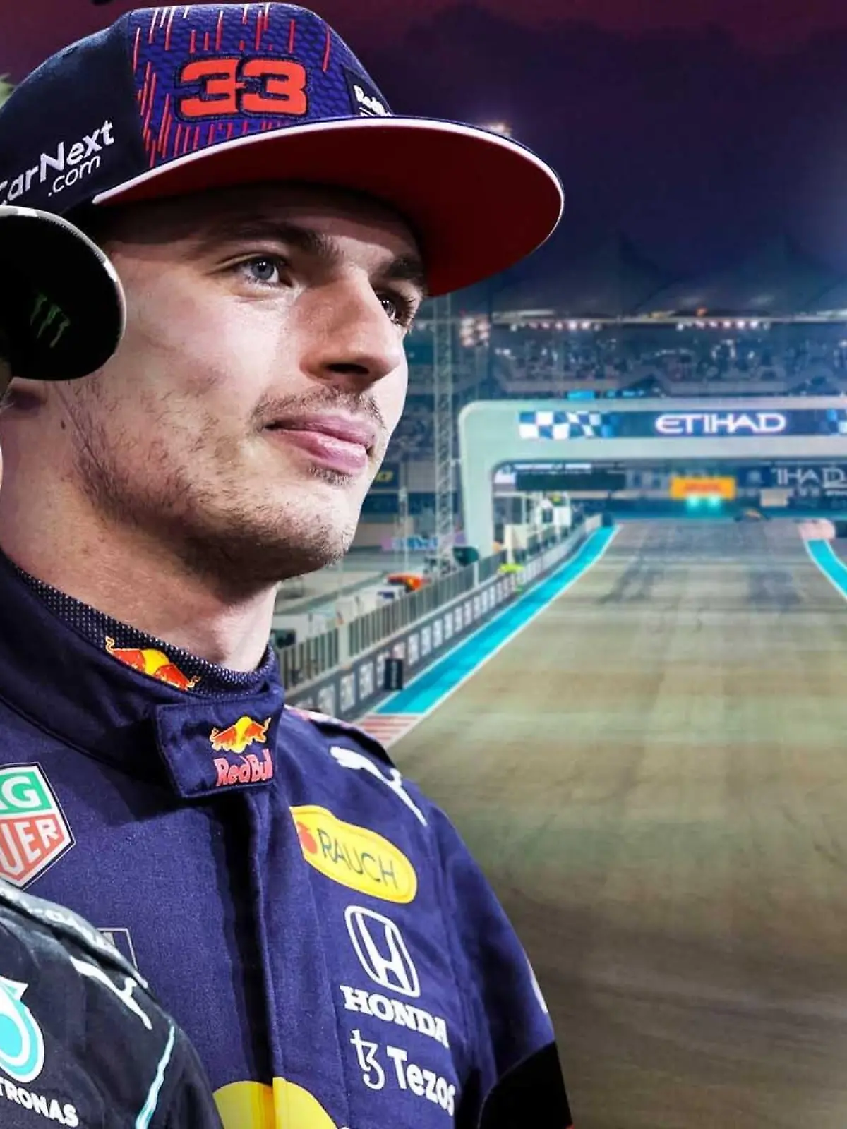 Bildkombi Lewis Hamilton und Max Verstappen vor der Zielgeraden in Abu-Dhabi