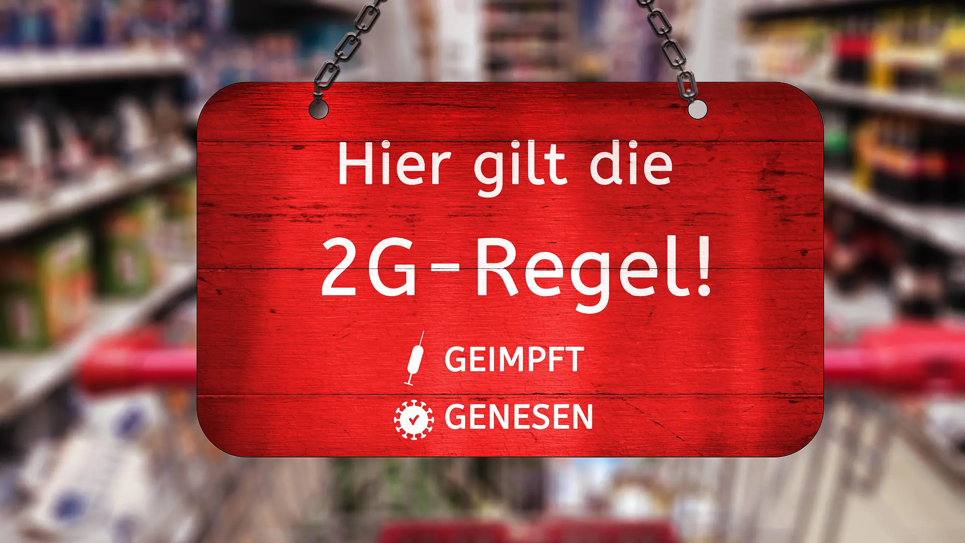 Germany, Bavaria - 29 October 2021: Here applies the 2G rule, tested vaccinated or recovered, sign access in retail shops when shopping according to 2G rule *** Hier gilt die 2G-Regel, getestet geimpft oder genesen, Schild Zutritt im Einzelhandel beim Einkaufen nach 2G Regel xFOTOMONTAGEx