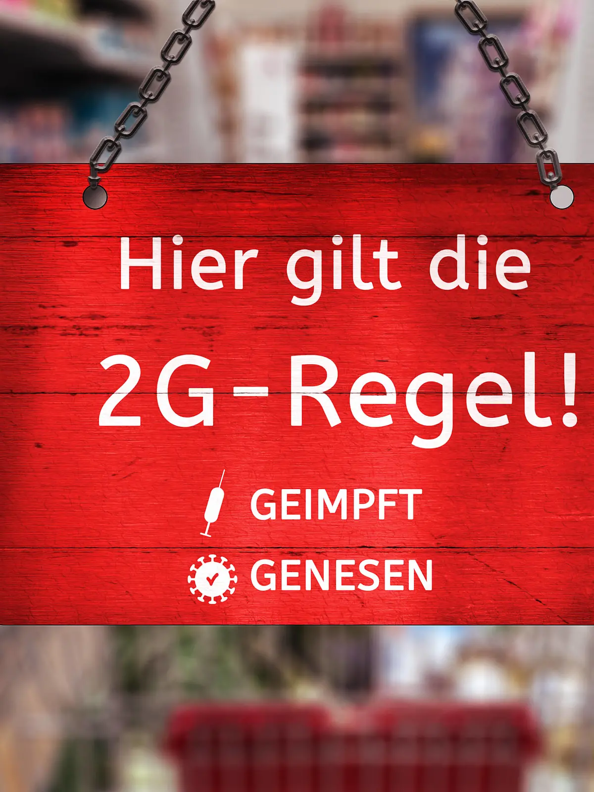  Germany, Bavaria - 29 October 2021: Here applies the 2G rule, tested vaccinated or recovered, sign access in retail shops when shopping according to 2G rule *** Hier gilt die 2G-Regel, getestet geimpft oder genesen, Schild Zutritt im Einzelhandel beim Einkaufen nach 2G Regel xFOTOMONTAGEx