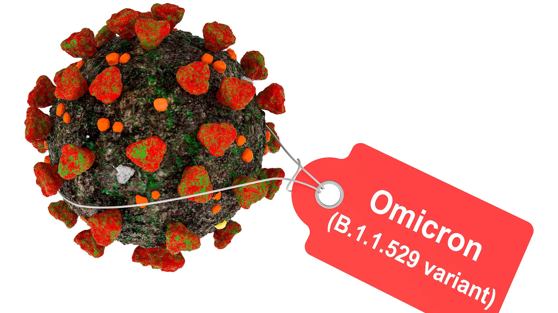 Omicron Covid variant B.1.1.529. Coronavirus with tag. 3D rendering isolated on white background