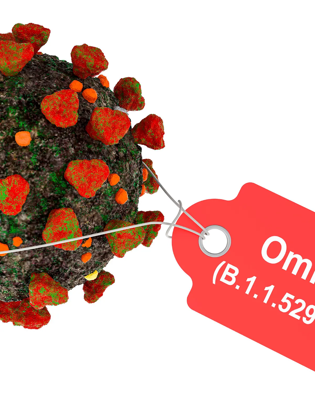 Omicron Covid variant B.1.1.529. Coronavirus with tag. 3D rendering isolated on white background