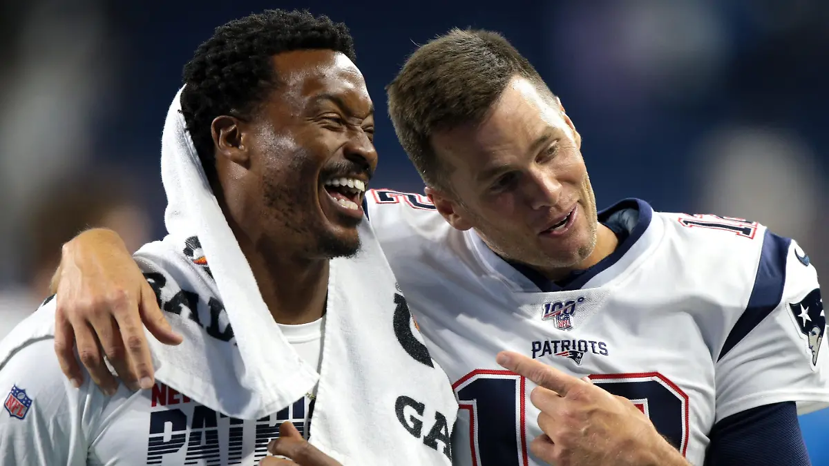 New England Patriots WR Demaryius Thomas (88) talks with QB Tom Brady (12) as they walk off the field after an NFL football game against the Detroit Lions in Detroit, Michigan USA, on Thusday, August 8, 2019. (Photo by Jorge Lemus/NurPhoto)