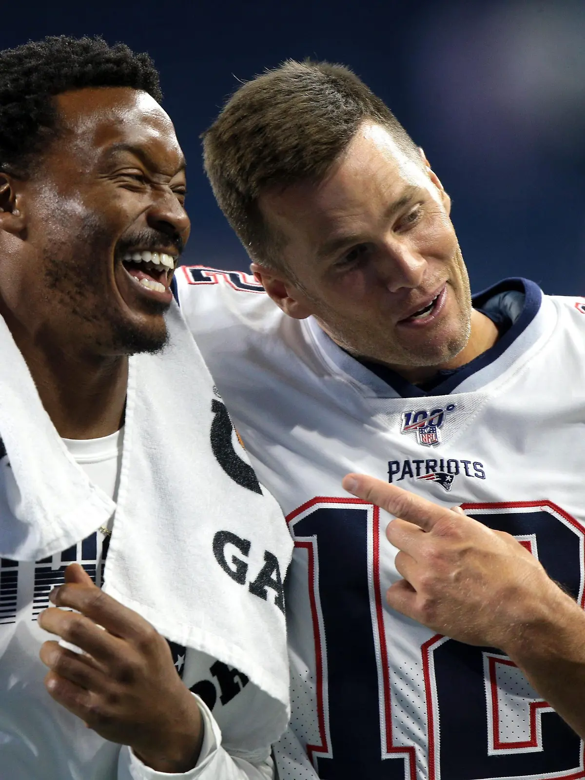 New England Patriots WR Demaryius Thomas (88) talks with QB Tom Brady (12) as they walk off the field after an NFL football game against the Detroit Lions in Detroit, Michigan USA, on Thusday, August 8, 2019. (Photo by Jorge Lemus/NurPhoto)