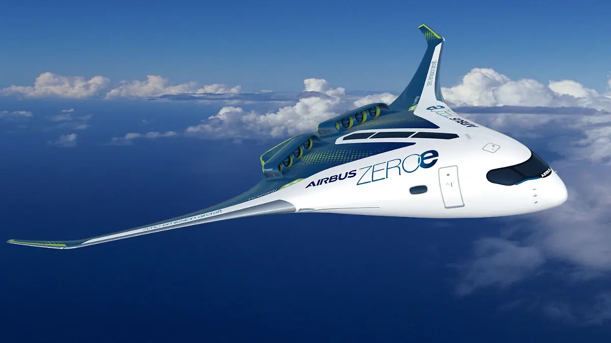 HANDOUT - 21.09.2020, ---, --: Eine undatierte grafische Darstellung zeigt ein Konzept für ein Flugzeug mit Wasserstoffantrieb für bis zu 200 Passagiere des Luftfahrtkonzerns Airbus. Der europäische Luftfahrtkonzern will in 15 Jahren ein Passagierflugzeug mit Wasserstoffantrieb herstellen. Nötig seien dazu Investitionen im zweistelligen Milliardenbereich. Foto: Airbus/dpa - ACHTUNG: Nur zur redaktionellen Verwendung und nur mit vollständiger Nennung des vorstehenden Credits +++ dpa-Bildfunk +++