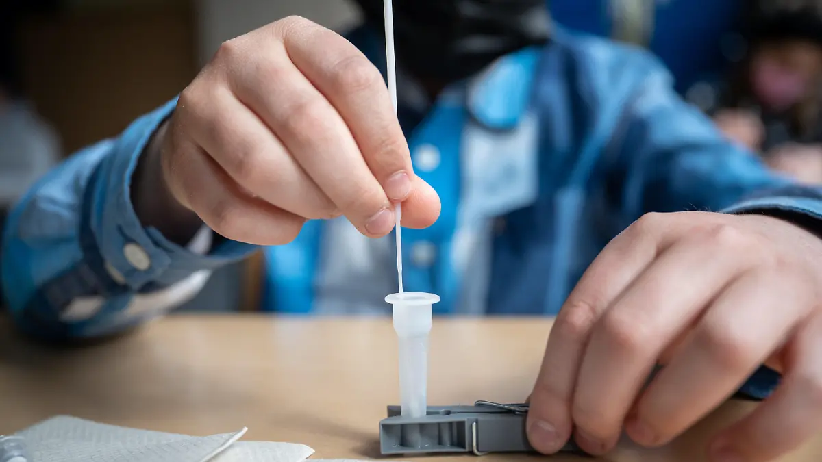 08.04.2021, Rheinland-Pfalz, Mainz: Ein Schüler führt in einer Klasse der Anne-Frank-Realschule einen Corona-Schnelltest an sich selbst durch. Nach den Osterferien hat der Schulunterricht in Rheinland-Pfalz im Wechselbetrieb begonnen - begleitet unter anderem von Schnelltests an Schulen. Foto: Sebastian Gollnow/dpa +++ dpa-Bildfunk +++
