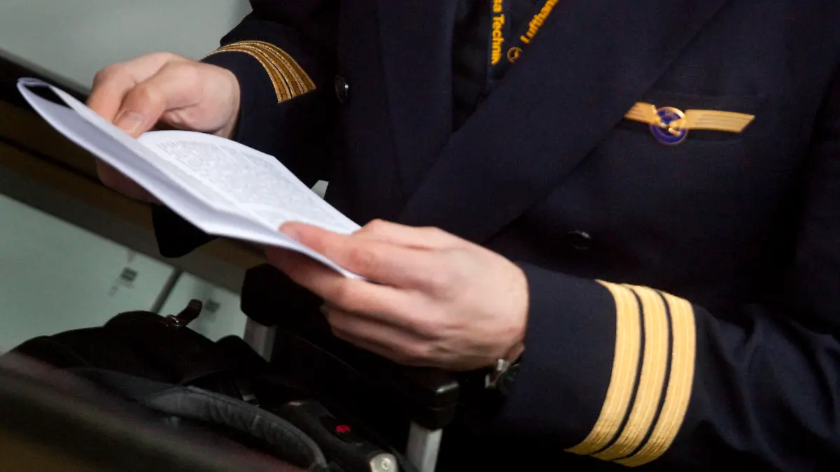 Ein Pilot der Lufthansa ist am Mittwoch (17.02.2010) auf dem Flughafen von Frankfurt am Main mit seinem Koffer unterwegs. Bei der größten deutschen Fluggesellschaft rückt ein Streik der Piloten näher. Die Mitglieder der Pilotenvereinigung Cockpit (VC) stimmten in einer Urabstimmung mit über 90 Prozent für einen Arbeitskampf. In dem Tarifkonflikt geht es um Gehaltsforderungen und um die Sicherung von rund 4500 Arbeitsplätzen bei der Lufthansa, ihrer Frachttochter Cargo und der Tochter Germanwings. Foto: Frank Rumpenhorst dpa/lhe ++