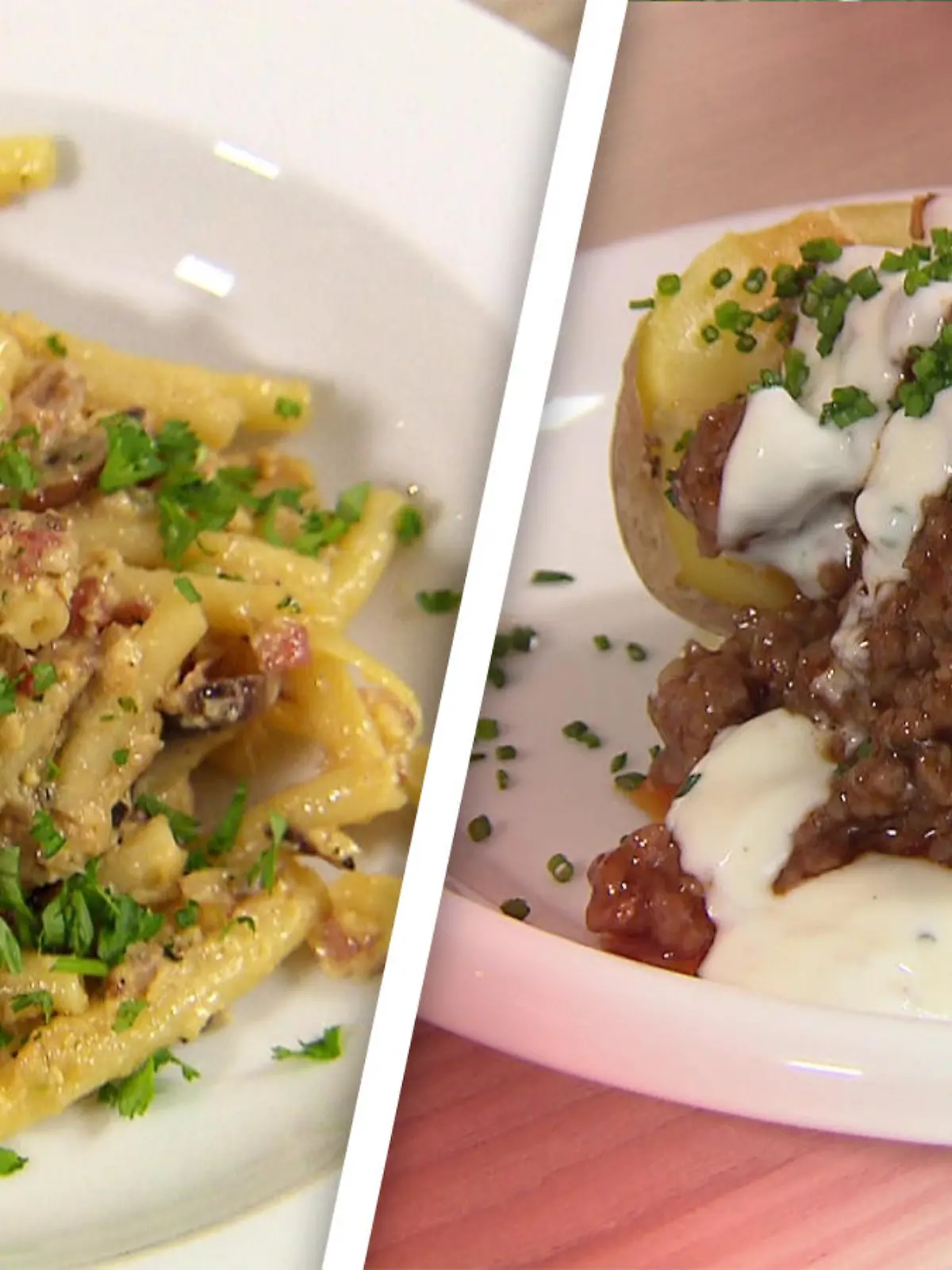 Pasta mit Pilz-Carbonara und Kartoffeln mit BBQ-Ragout