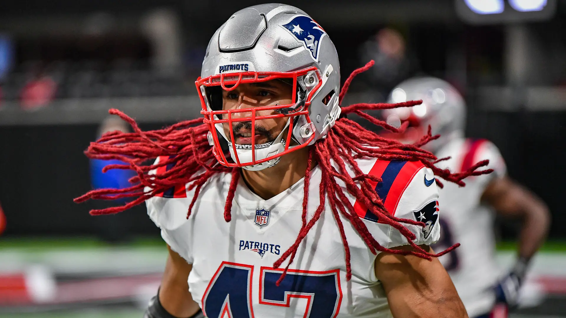 ATLANTA, GA NOVEMBER 18: New England fullback Jakob Johnson 47 runs on to the field prior to the start of the NFL, American Football Herren, USA game between the New England Patriots and the Atlanta Falcons on November 18th, 2021 at Mercedes-Benz Stadium in Atlanta, GA. Photo by Rich von Biberstein/Icon Sportswire NFL: NOV 18 Patriots at Falcons Icon211118024