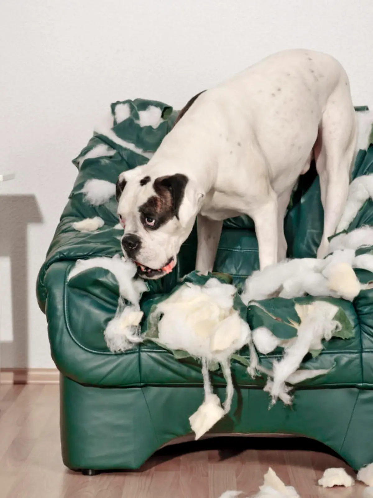 Lonely white Boxer dog destroys leather chair. Aggression against furniture.