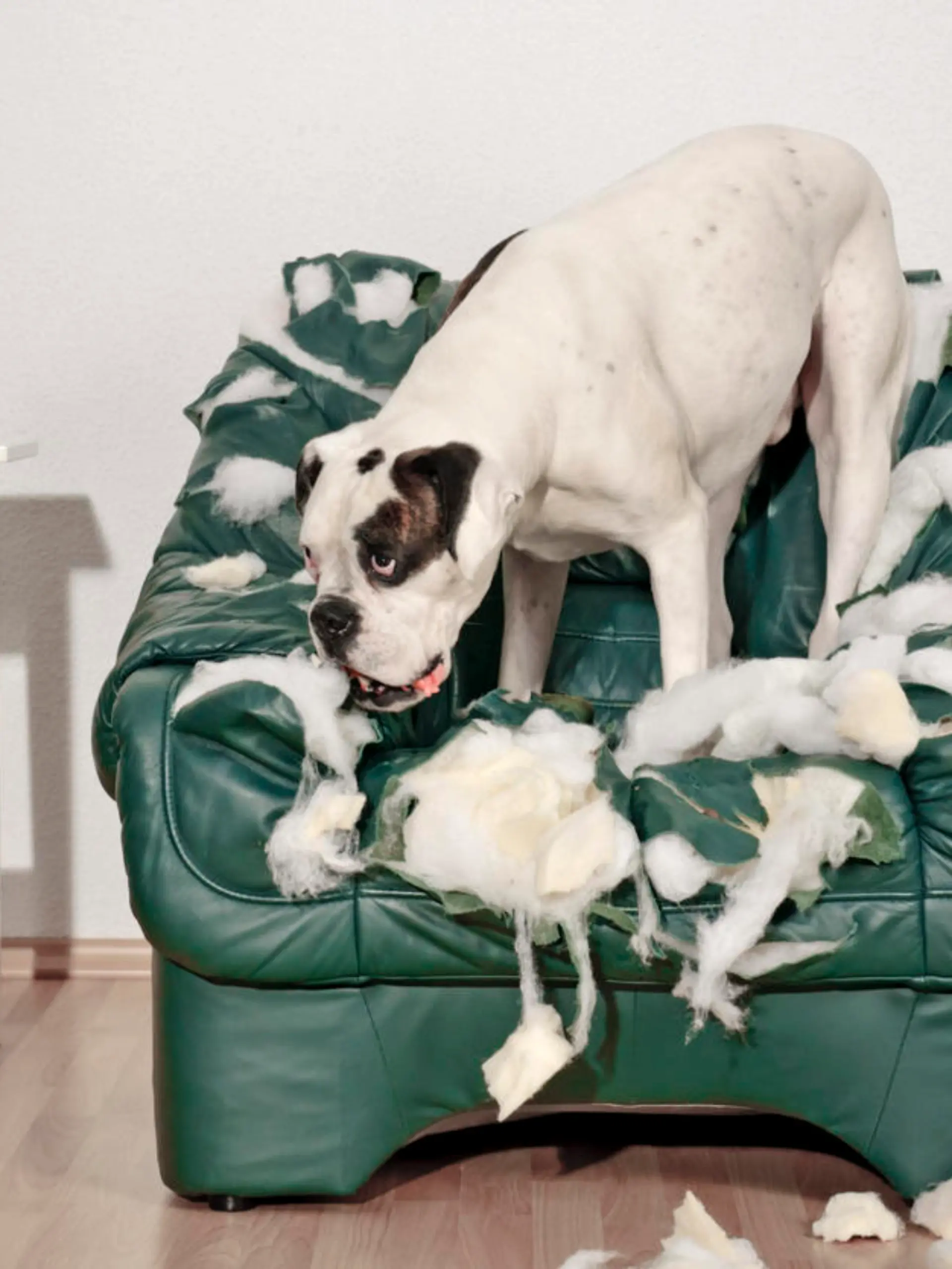 Lonely white Boxer dog destroys leather chair. Aggression against furniture.