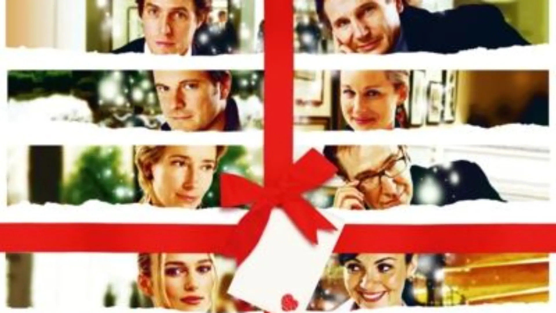 links, v.o.: Der Primeminister (Hugh Grant), Jamie Bennett (Colin Firth), Karen (Emma Thompson), Juliet (Keira Knightley), Billy Mack (Bill Nighy): rechts, v.o.: Daniel (Liam Neeson), Sarah (Laura Linney), Harry (Alan Rickman), Natalie (Martine McCutcheon), Rufus (Rowan Atkinson)