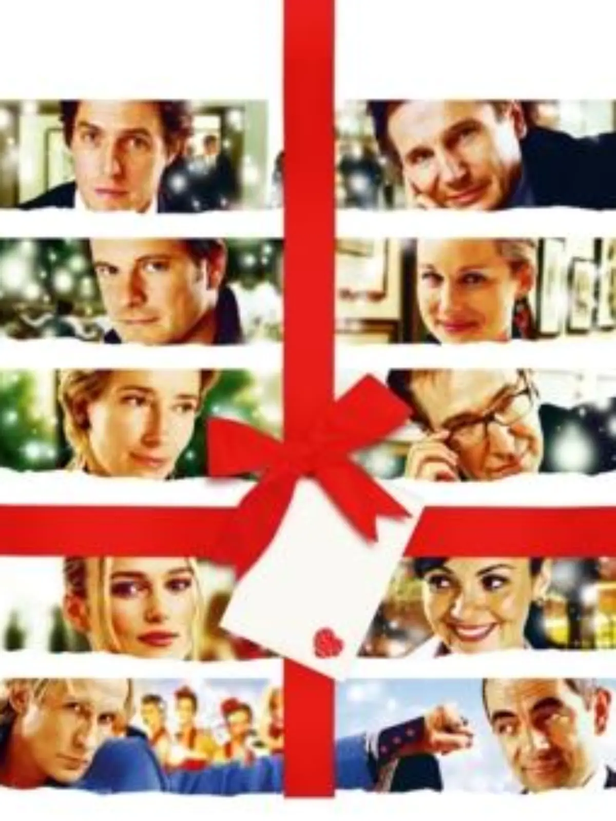 links, v.o.: Der Primeminister (Hugh Grant), Jamie Bennett (Colin Firth), Karen (Emma Thompson), Juliet (Keira Knightley), Billy Mack (Bill Nighy): rechts, v.o.: Daniel (Liam Neeson), Sarah (Laura Linney), Harry (Alan Rickman), Natalie (Martine McCutcheon), Rufus (Rowan Atkinson)