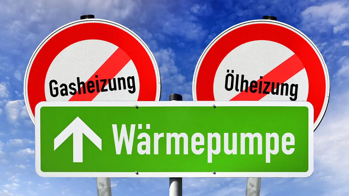 Wegweiser mit Aufschrift Wärmepumpe und Verbotsschilder für Öl- und Gasheizungen / action press