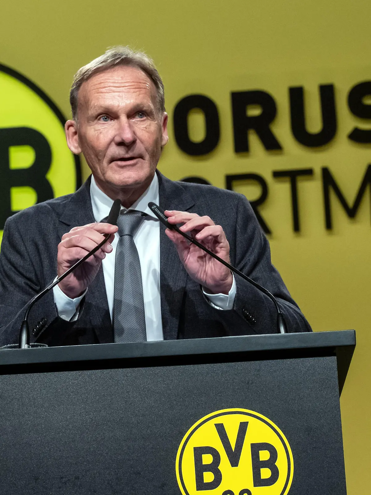 Hans-Joachim Watzke, Geschäftsführer des Fußball-Bundesligisten Borussia Dortmund, spricht bei der Mitgliederversammlung seines Vereins.