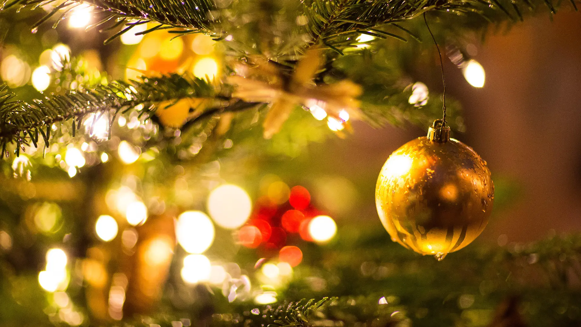 ARCHIV - 09.12.2017, Nordrhein-Westfalen, Bielefeld: Eine goldene Kugel hängt an einem Weihnachtsbaum auf dem Weihnachtsmarkt. Ob Neu-Berliner, Alleinerziehend oder Single - viele Berliner feiern Heiligabend nicht klassisch unterm Weihnachtsbaum im Kreise einer großen Familie. (zu "Mehr oder weniger besinnlich: Weihnachtstipps für Berliner") Foto: Friso Gentsch/dpa +++ dpa-Bildfunk +++