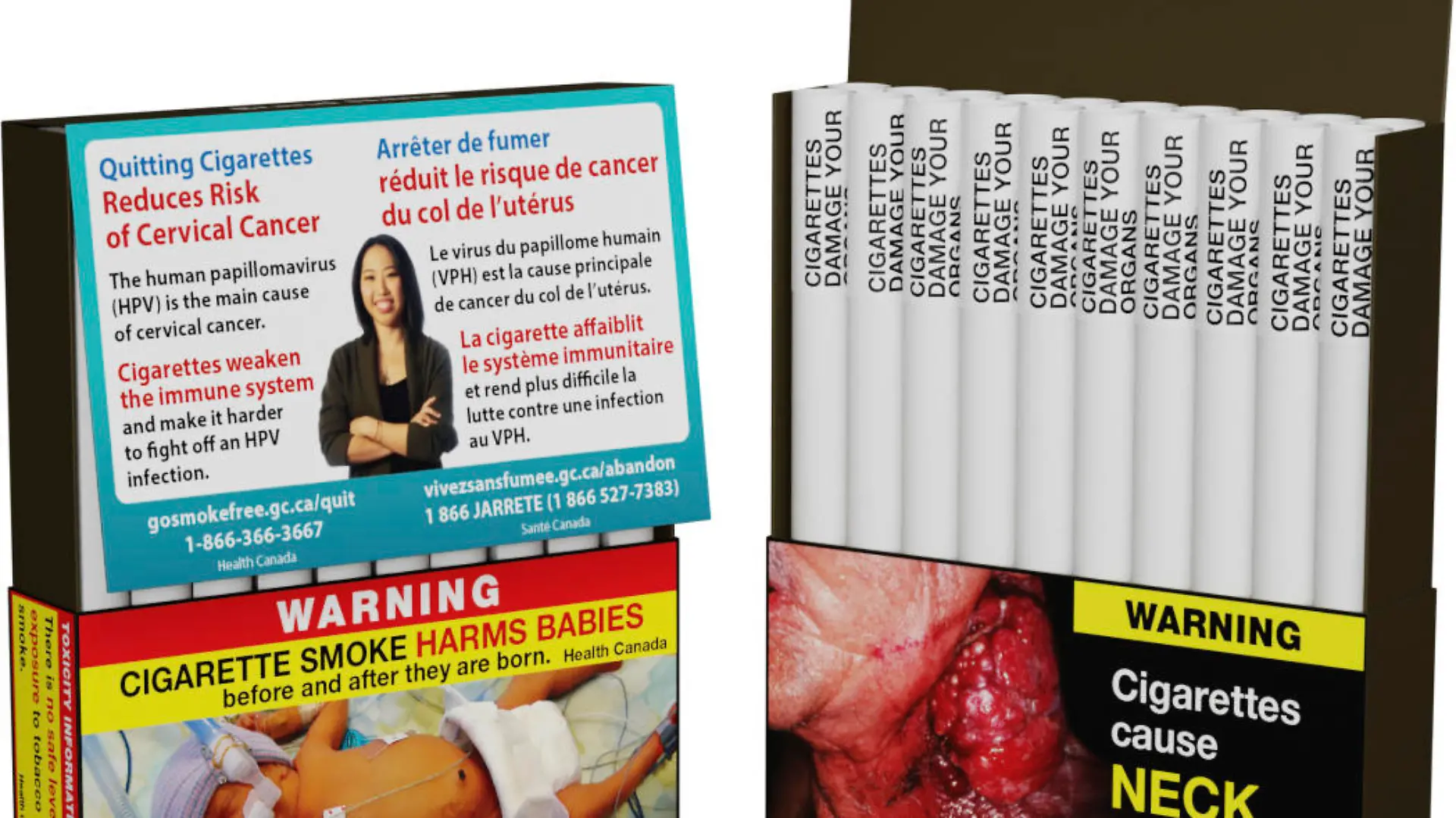 This image provided by Health Canada shows the final wording of six separate warnings that will be printed directly on individual cigarettes as Canada becomes the first in the world to take that step aimed at helping people quit the habit. The regulations take effect Aug. 1 and will be phased in. King-size cigarettes will be the first to feature the warnings and will be sold in stores by the end of July 2024, followed by regular-size cigarettes, and little cigars with tipping paper and tubes by the end of April 2025. (Health Canada/The Canadian Press via AP)