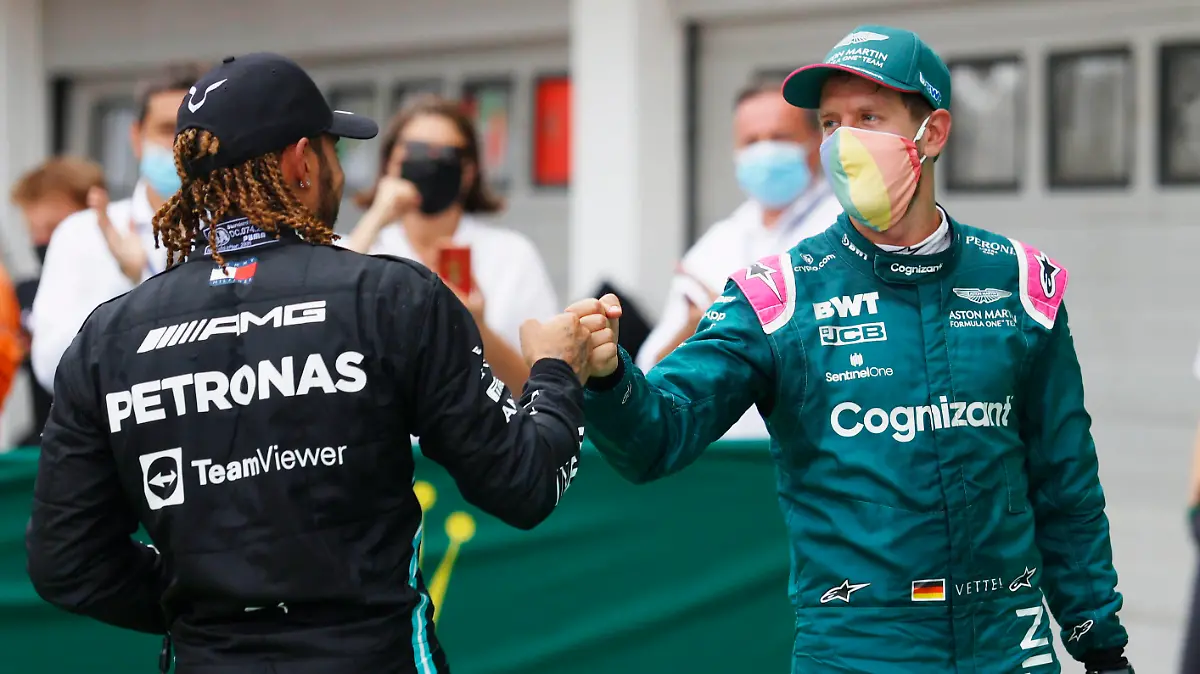 F1 Grand Prix of Hungary 44 Lewis Hamilton GBR, Mercedes-AMG Petronas F1 Team, 5 Sebastian Vettel GER, Aston Martin Cognizant F1 Team, F1 Grand Prix of Hungary at Hungaroring on August 1, 2021 in Budapest, Hungary. Photo by Florion Goga/REUTERS/FIA Pool via HOCH ZWEI Budapest Hungary Poolfoto HOCH ZWEI/Pool/REUTERS ,EDITORIAL USE ONLY