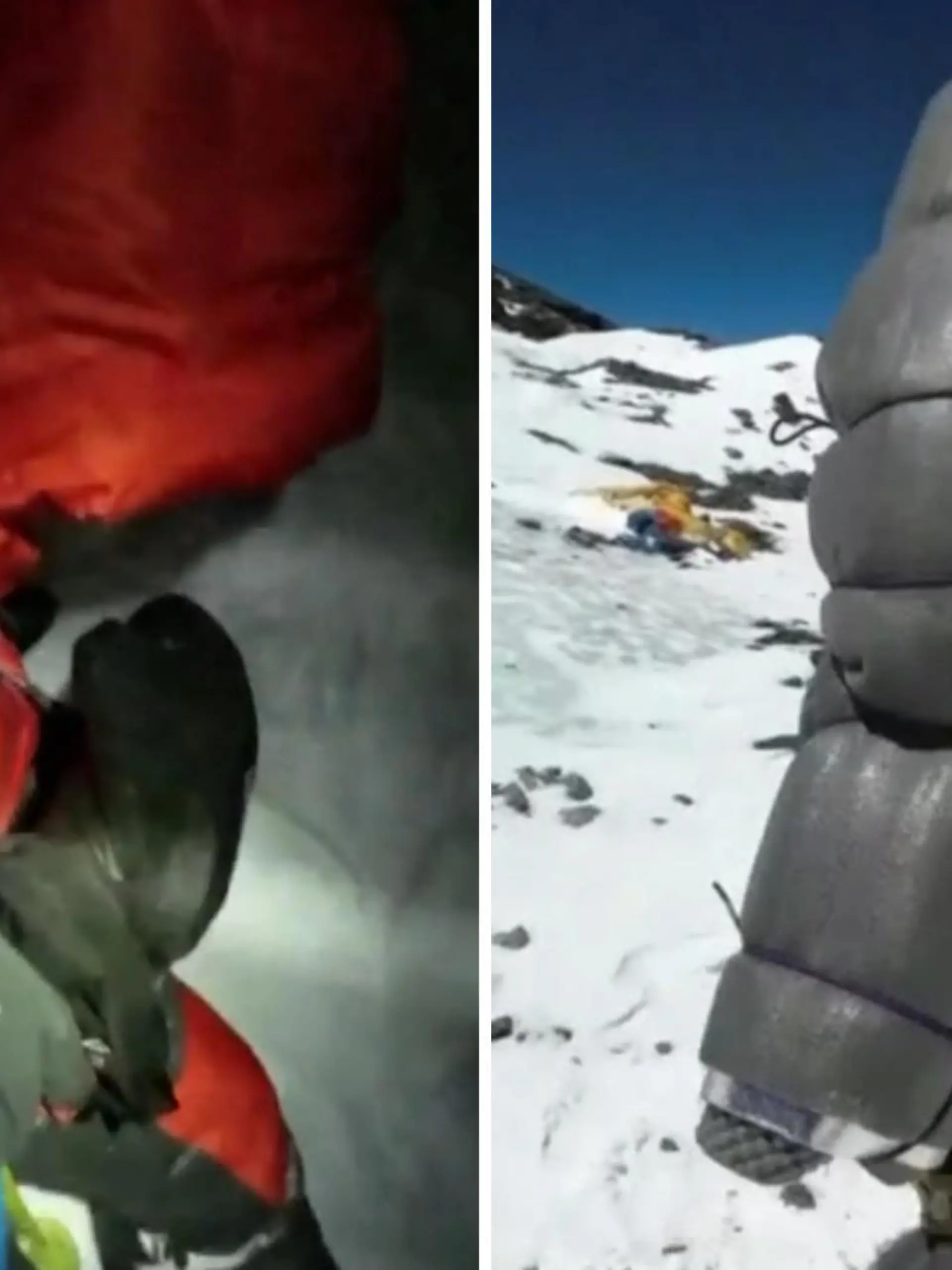 Er zittert und kann sich gerade noch so an einem Seil halten: Dieser Bergsteiger wird bei über minus 30 Grad in der Todeszone knapp unterhalb des Gipfels auf dem Mount Everest entdeckt. Retter Gelje Sherpa zögert nicht, wickelt den Mann in eine Iso-Schlafmatte und trägt ihn sechs Stunden lang durch die eiskalte Höhenluft. Die heldenhafte Rettung sehen Sie im Video.